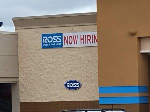Ross Dress for Less Temporary Exterior "Now Hiring" Banner Sign - Upper view