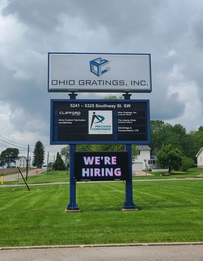 Ohio Gratings, Inc. Canton Ohio Retrofitted Pylon Sign with LED Display Center by Adams Signs
