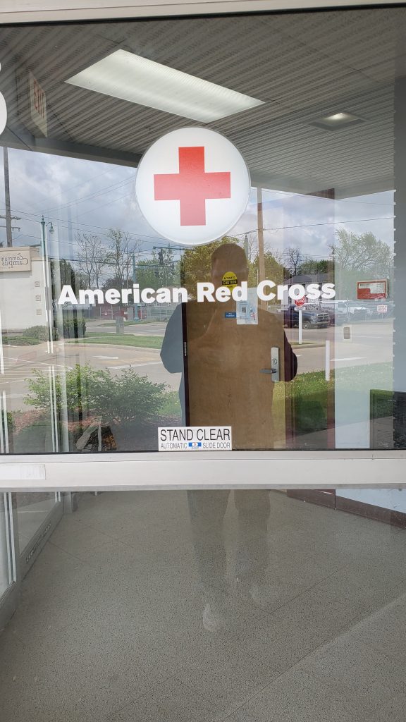 American Red Cross Window Graphic American Red Cross graphic in white lettering on glass sliding door