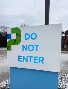 Flat routed aluminum panel reading “DO NOT ENTER” at DoverPhila in Uhrichsville, Ohio, manufactured and installed by Adams Signs & Graphics.
